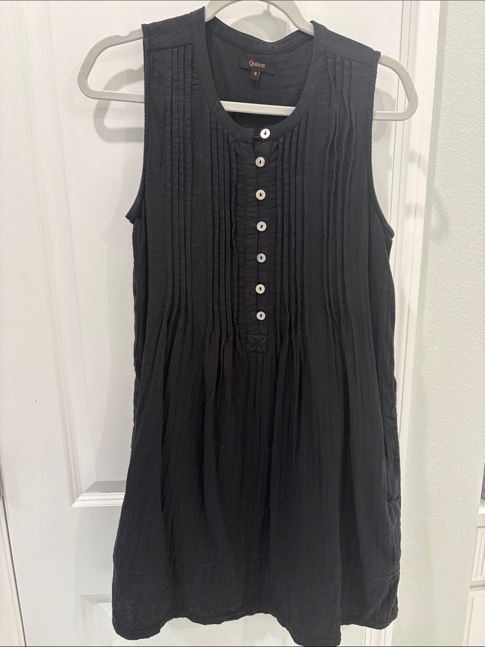 Quince Black Sleeveless Pintuck Button-Front Tunic Dress